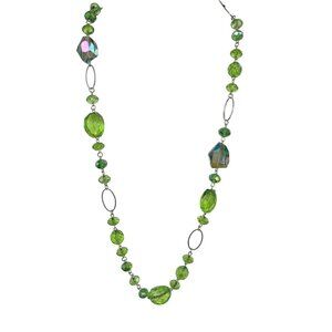 Vintage Green Glass Beaded Necklace With Faceted Details & Silver-Tone Links
